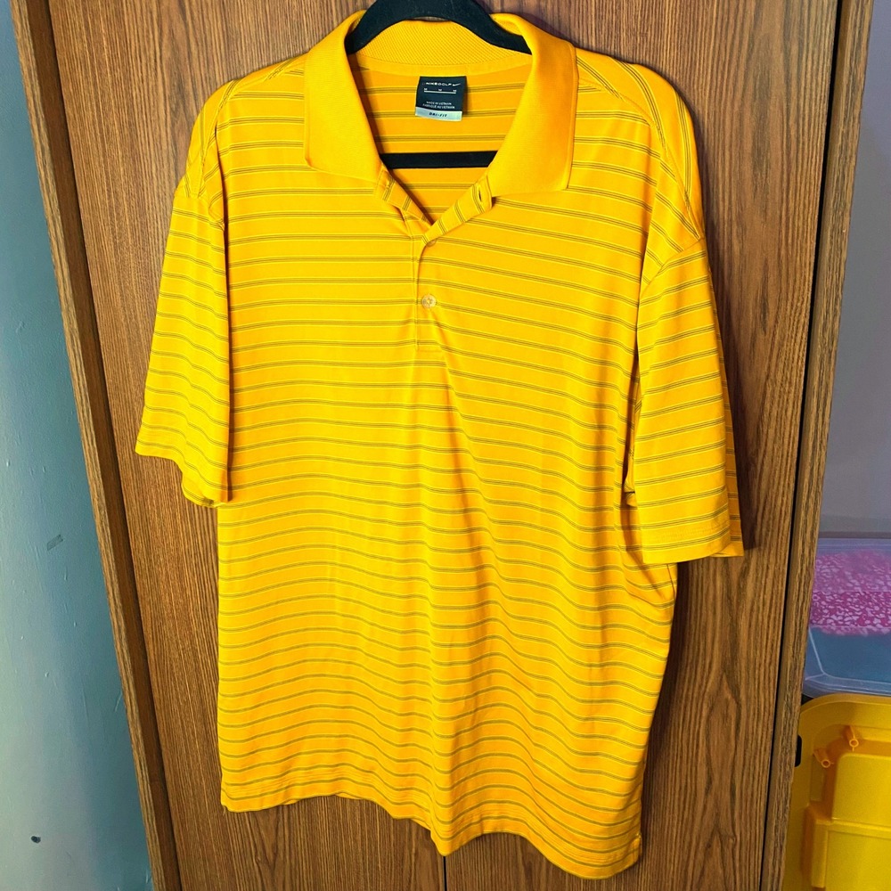 Nike Golf Polo Shirt Mens Size Medium Orange Yellow Striped Dri-FIT Stretch